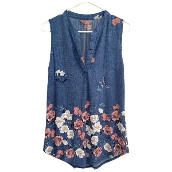 SJS Blue Floral Sleeveless Blouse Petite XL Summer Top Boutique Casual - Picture 2 of 11
